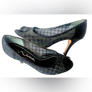 Nina Black Lace Peep-Toe Pumps